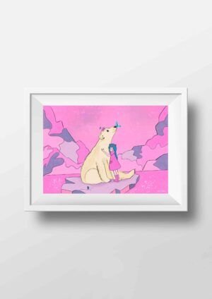 Ilustracion de un abrazo de oso polar a niña para decoracion infantil hecha por diva ilustrada