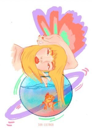 Ilustracion de chicas japonesas Naoko con pecera y colores hecha por diva ilustrada