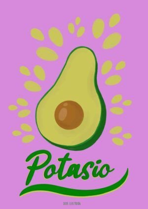 Ilustracion de aguacate con la frase potasio hecha por diva ilustrada