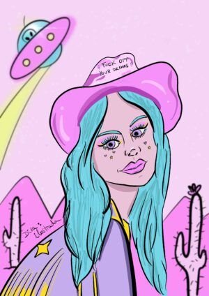 Ilustración de una cowgirl con visita de ovni hecha por diva ilustrada