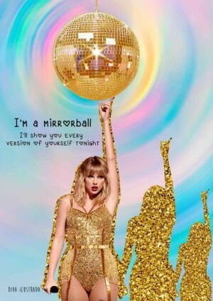Collage de Taylor swift vestida de dorado con frase I am a mirroball postal para swifties