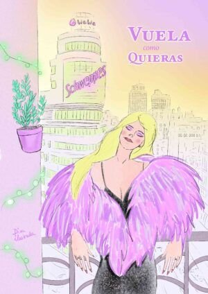 Ilustración vuela como quieras mujer en la ventana con la gran vía de Madrid hecha por diva ilustrada