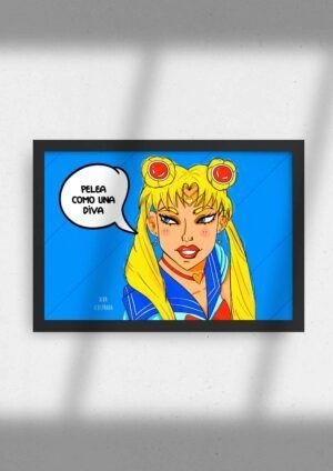 Ilustración fanart de sailormoon estilo cómic con frase para decoracion