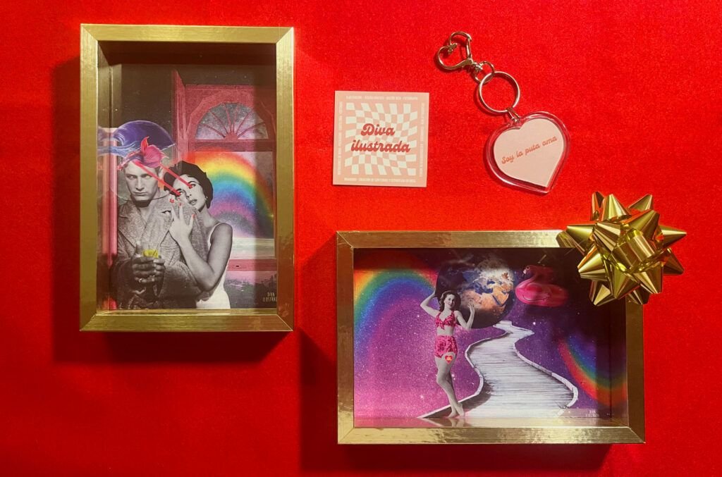 Bodegón navideño marcos dorados con collages de diva ilustrada para regalos originales